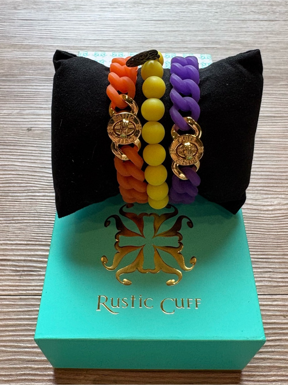 Rustic Cuff 3pc Silicone Bracelet Stack Orange Yellow Purple & Gift Box